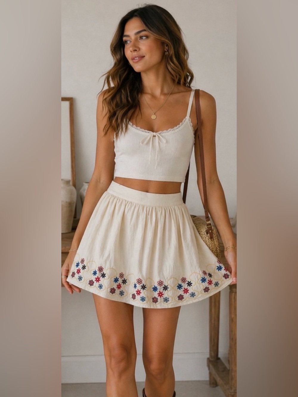 Mini Chica Embroidered Skirt Cream Floral Boho A-Line Mini Western M
